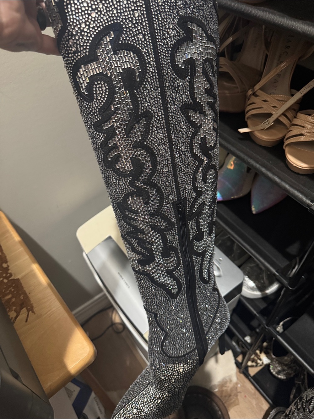 INC International Concepts Black and Silver Rhinestone Knee-High Heeled Boots